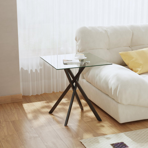 Small Side Coffee Table Set of 2 with Metal Legs, Tempered Glass Square Modern End Table for Living Room Sofa Home Office (2 Pieces, Black, 20"×20"×22")