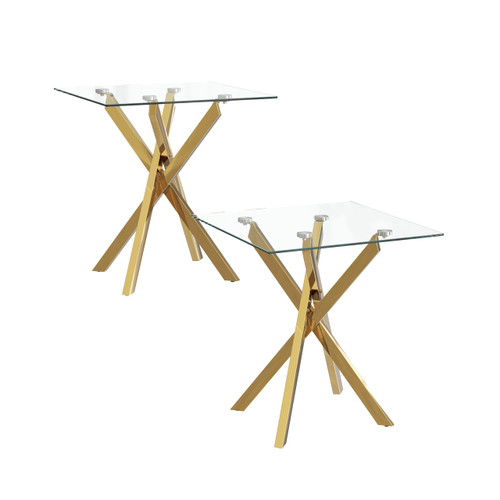 Glass Side Table Set of 2 with Chromed Legs, Tempered Glass Square Modern End Table Sofa Table for Living Room Home Office (2 Pieces, Gold, 20"×20"×22")