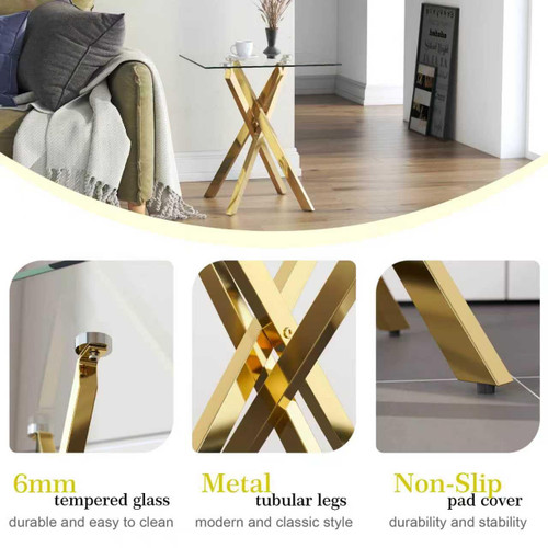 Glass Side Table Set of 2 with Chromed Legs, Tempered Glass Square Modern End Table Sofa Table for Living Room Home Office (2 Pieces, Gold, 20"×20"×22")