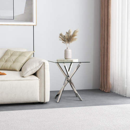 Small Side Coffee Table Set of 2 with Chromed Legs, Tempered Glass Square Modern End Table for Living Sofa Room Home Office (2 Pieces, Silver, 20"×20"×22")