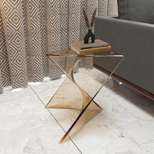 15.75" Triangular Side Table, Stackable Plastic Accent End Table for Indoor & Outdoor Use, Weather-Resistant Modern Patio & Living Room Table, Set of 4, Amber (Transparent)