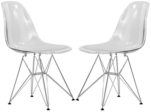 Cresco Acrylic Dining, Modern Chrome Eiffel Base and Curved Back Design, Ergonomic and Lightweight Accent Side Chair for Mid-Century Home, Kitchen, and Café (Clear, Set of 2)