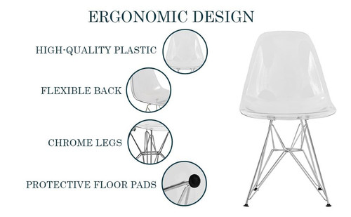 Cresco Acrylic Dining, Modern Chrome Eiffel Base and Curved Back Design, Ergonomic and Lightweight Accent Side Chair for Mid-Century Home, Kitchen, and Café (Clear, Set of 2)