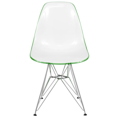 Cresco Acrylic Dining, Modern Chrome Eiffel Base and Curved Back Design, Ergonomic and Lightweight Accent Side Chair for Mid-Century Home, Kitchen, and Café (White Green, Set of 4)