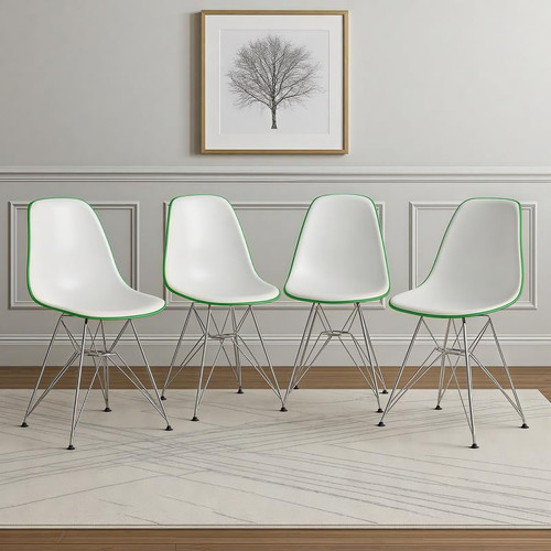 Cresco Acrylic Dining, Modern Chrome Eiffel Base and Curved Back Design, Ergonomic and Lightweight Accent Side Chair for Mid-Century Home, Kitchen, and Café (White Green, Set of 4)