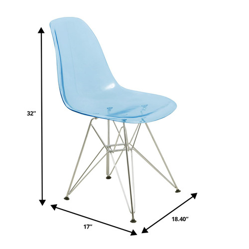 Cresco Mid Century Acrylic Dining Chair - Ergonomic & Lightweight Accent Side Chair with Curved Back & Chrome Eiffel Base for Home, Kitchen & Café, Transparent Blue