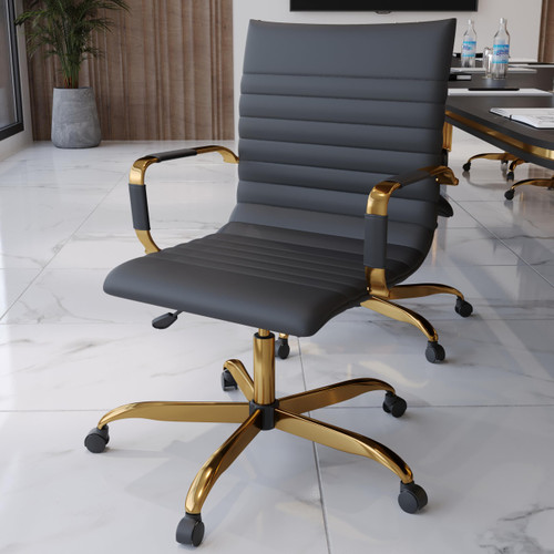 Harris Soft Pad Office Chair – Faux Leather Executive Chair with Gold Steel Base, Adjustable Height, Tilt Lock, Swivel, and Casters – Modern Ergonomic Desk Chair...