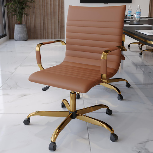 Harris  Modern Adjustable Swivel Leather Task Office Chair with Gold Frame, Light Brown