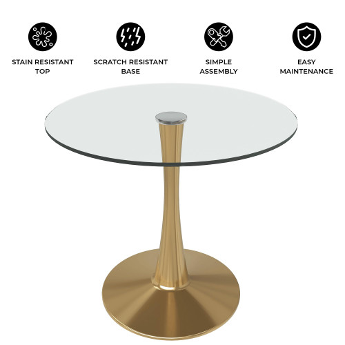 Bristol 27" Round Dining Table in Clear Glass Tabletop with Gold Pedestal Base, Mid-Century Accent Table for Kitchen, Café & Dining Room
