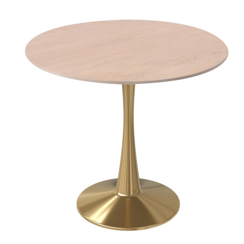 27" Round Dining Table, Sintered Stone Top & Gold Pedestal Base Mid-Century Café Table, Kitchen Dining Room Furniture (Natural Wood)