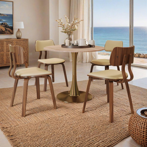 27" Round Dining Table, Sintered Stone Top & Gold Pedestal Base Mid-Century Café Table, Kitchen Dining Room Furniture (Natural Wood)