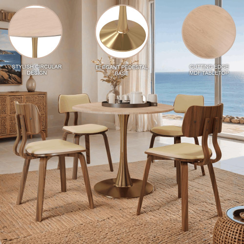 27" Round Dining Table, Sintered Stone Top & Gold Pedestal Base Mid-Century Café Table, Kitchen Dining Room Furniture (Natural Wood)