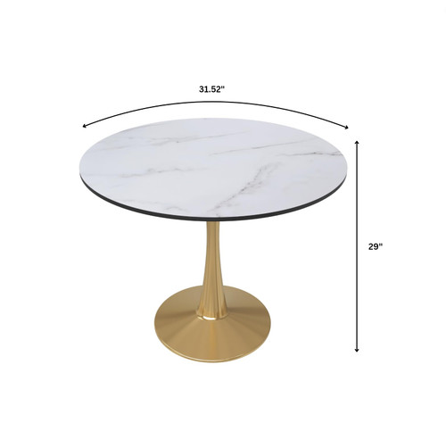 Bristol 31" Round Dining Table in White Modern MDF Wood Tabletop with Gold Pedestal Base, Mid-Century Accent Table for Kitchen, Café & Dining Room