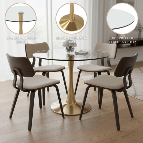 Bristol 35" Round Dining Table in Clear Glass Tabletop with Gold Pedestal Base, Mid-Century Accent Table for Kitchen, Café & Dining Room