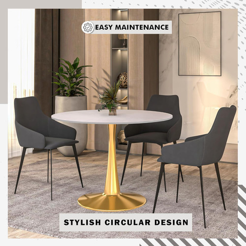 Bristol 40" Round Dining Table in White Modern MDF Wood Tabletop with Gold Pedestal Base, Mid-Century Accent Table for Kitchen, Café & Dining Room
