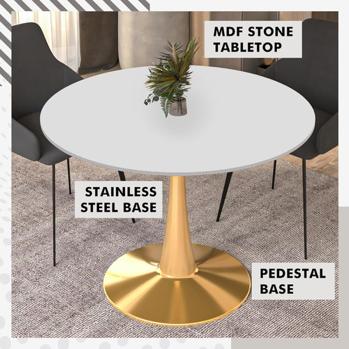 Bristol 40" Round Dining Table in White Modern MDF Wood Tabletop with Gold Pedestal Base, Mid-Century Accent Table for Kitchen, Café & Dining Room