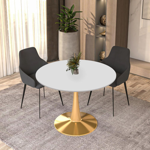 Bristol 40" Round Dining Table in White Modern MDF Wood Tabletop with Gold Pedestal Base, Mid-Century Accent Table for Kitchen, Café & Dining Room