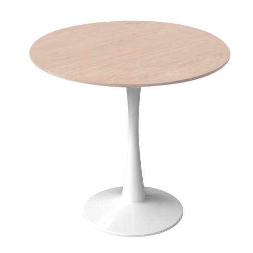 Bristol 27" Wide Round Dining Table, Modern Sintered Stone Top & White Metal Pedestal Base Gloss Finish Accent Table Mid-Century Café Table, Kitchen Dining Room Furniture, Natural Wood