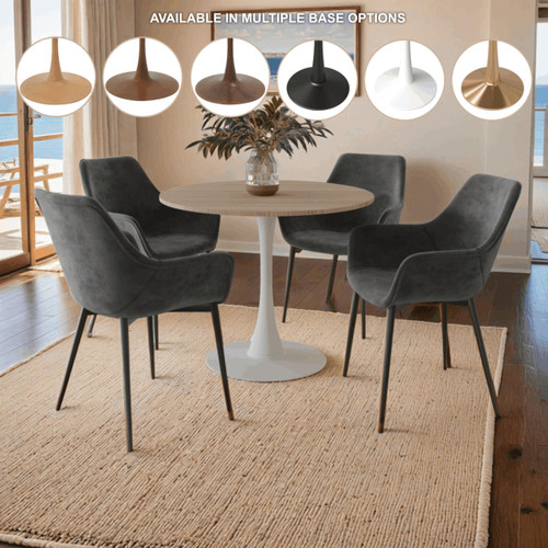 Bristol 27" Wide Round Dining Table, Modern Sintered Stone Top & White Metal Pedestal Base Gloss Finish Accent Table Mid-Century Café Table, Kitchen Dining Room Furniture, Natural Wood