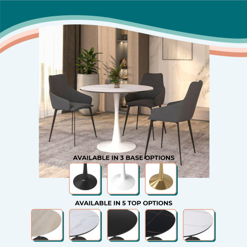 Bristol 31" Wide Round Dining Table, Modern MDF Wood Top & White Metal Pedestal Base Gloss Finish Accent Table Mid-Century Café Table, Kitchen Dining Room Furniture, Marbled White