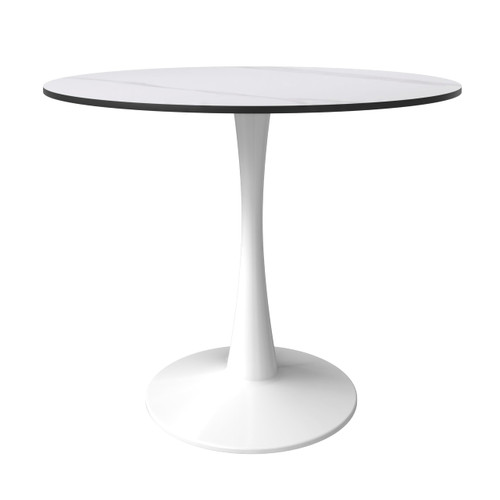 Bristol 35" Wide Round Dining Table, Modern Sintered Stone Top & White Metal Pedestal Base Gloss Finish Accent Table Mid-Century Café Table, Kitchen Dining Room Furniture, White