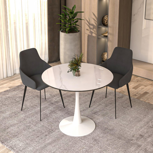 Bristol 35" Wide Round Dining Table, Modern Sintered Stone Top & White Metal Pedestal Base Gloss Finish Accent Table Mid-Century Café Table, Kitchen Dining Room Furniture, White