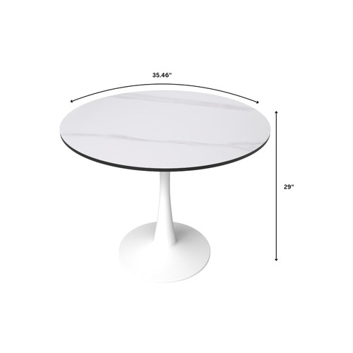 Bristol 35" Wide Round Dining Table, Modern Sintered Stone Top & White Metal Pedestal Base Gloss Finish Accent Table Mid-Century Café Table, Kitchen Dining Room Furniture, White