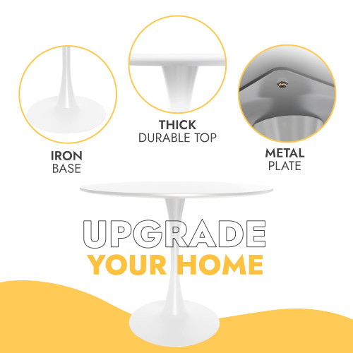 Bristol 35" Wide Round Dining Table, Modern MDF Wood Top & White Metal Pedestal Base Gloss Finish Accent Table Mid-Century Café Table, Kitchen Dining Room Furniture, White