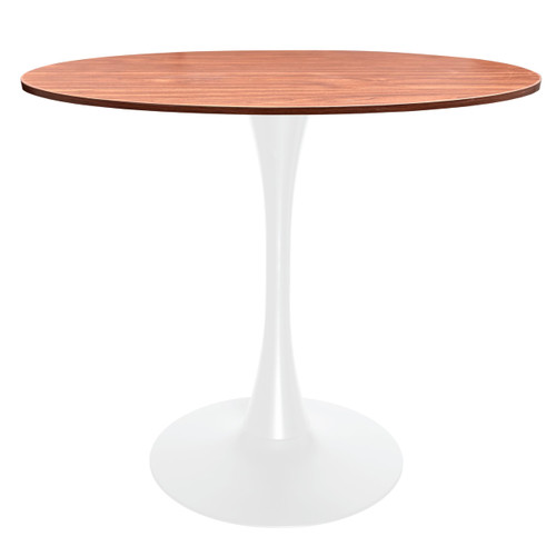 Bristol 36" Wide Round Dining Table, Modern MDF Wood Top & White Metal Pedestal Base Gloss Finish Accent Table Mid-Century Café Table, Kitchen Dining Room Furniture, Cognac Brown