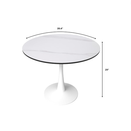 Bristol 40" Wide Round Dining Table, Modern MDF Wood Top & White Metal Pedestal Base Gloss Finish Accent Table Mid-Century Café Table, Kitchen Dining Room Furniture, White
