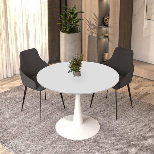 Bristol 40" Wide Round Dining Table, Modern MDF Wood Top & White Metal Pedestal Base Gloss Finish Accent Table Mid-Century Café Table, Kitchen Dining Room Furniture, White