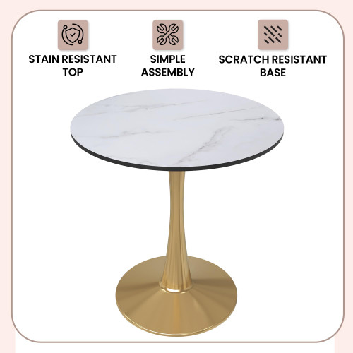 24" Round Dining Table in Marbled White Modern MDF Wood Tabletop with Gold Pedestal Base, Mid-Century Accent Table for Kitchen, Café & Dining Room