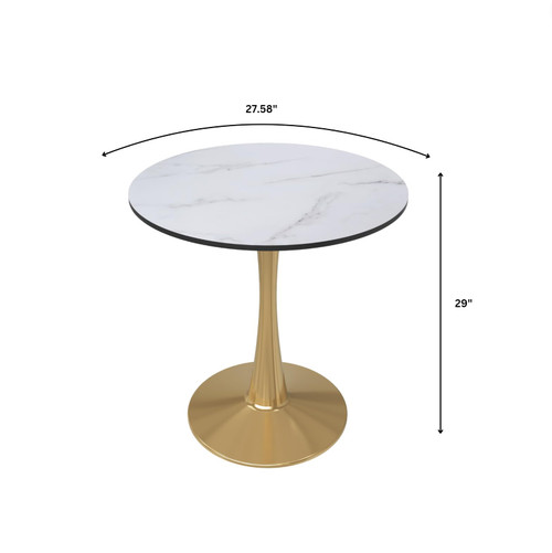 27" Round Dining Table in Marbled White Modern MDF Wood Tabletop with Gold Pedestal Base, Mid-Century Accent Table for Kitchen, Café & Dining Room