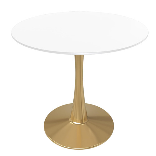 27" Round Dining Table in White Modern MDF Wood Tabletop with Gold Pedestal Base, Mid-Century Accent Table for Kitchen, Café & Dining Room