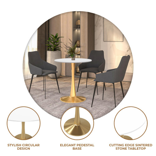 27" Round Dining Table in White Modern MDF Wood Tabletop with Gold Pedestal Base, Mid-Century Accent Table for Kitchen, Café & Dining Room