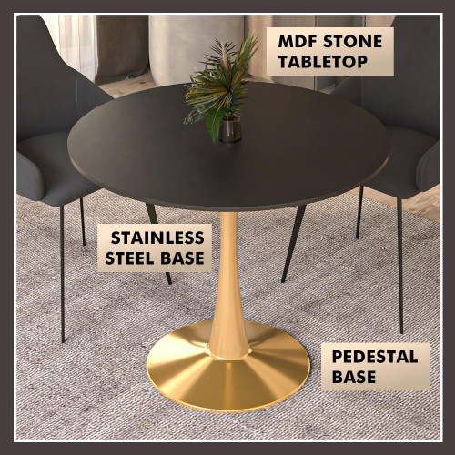 31" Round Dining Table in Black Modern MDF Wood Tabletop with Gold Pedestal Base, Mid-Century Accent Table for Kitchen, Café & Dining Room