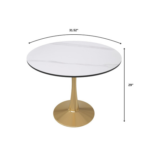 31" Round Dining Table in White Modern Sintered Stone Tabletop with Gold Pedestal Base, Mid-Century Accent Table for Kitchen, Café & Dining Room