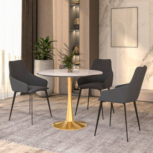 31" Round Dining Table in White Modern Sintered Stone Tabletop with Gold Pedestal Base, Mid-Century Accent Table for Kitchen, Café & Dining Room