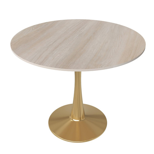 35" Round Dining Table in Natural Wood Modern MDF Wood Tabletop with Gold Pedestal Base, Mid-Century Accent Table for Kitchen, Café & Dining Room
