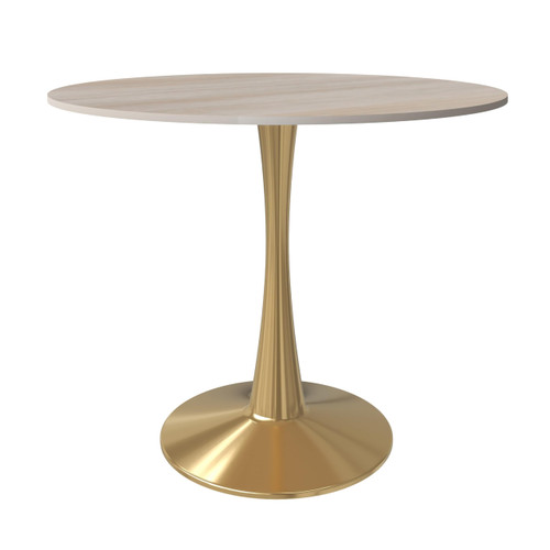 35" Round Dining Table in Natural Wood Modern MDF Wood Tabletop with Gold Pedestal Base, Mid-Century Accent Table for Kitchen, Café & Dining Room