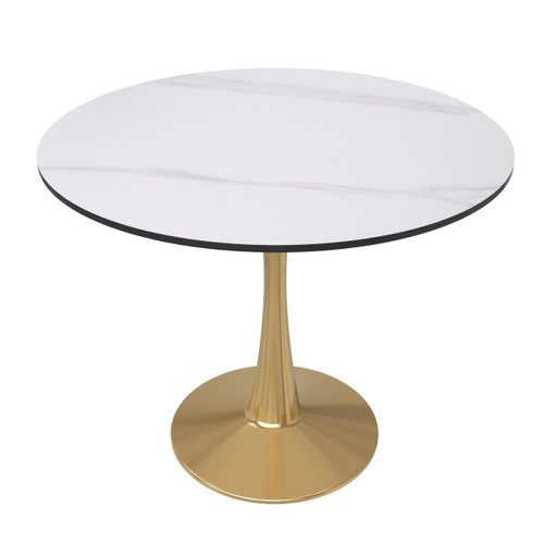 35" Round Dining Table in White Modern Sintered Stone Tabletop with Gold Pedestal Base, Mid-Century Accent Table for Kitchen, Café & Dining Room