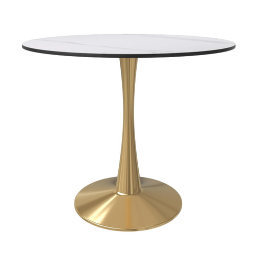 35" Round Dining Table in White Modern Sintered Stone Tabletop with Gold Pedestal Base, Mid-Century Accent Table for Kitchen, Café & Dining Room