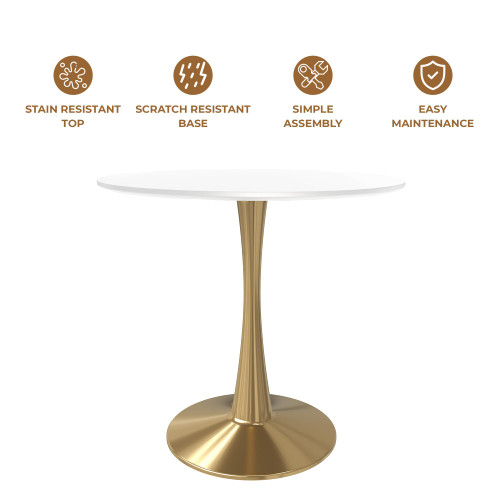 35" Round Dining Table in White Modern MDF Wood Tabletop with Gold Pedestal Base, Mid-Century Accent Table for Kitchen, Café & Dining Room