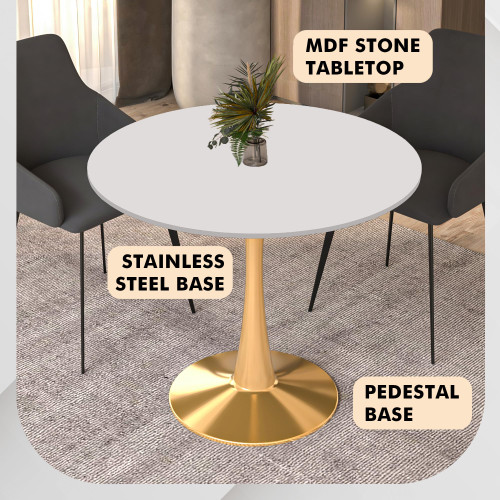 35" Round Dining Table in White Modern MDF Wood Tabletop with Gold Pedestal Base, Mid-Century Accent Table for Kitchen, Café & Dining Room