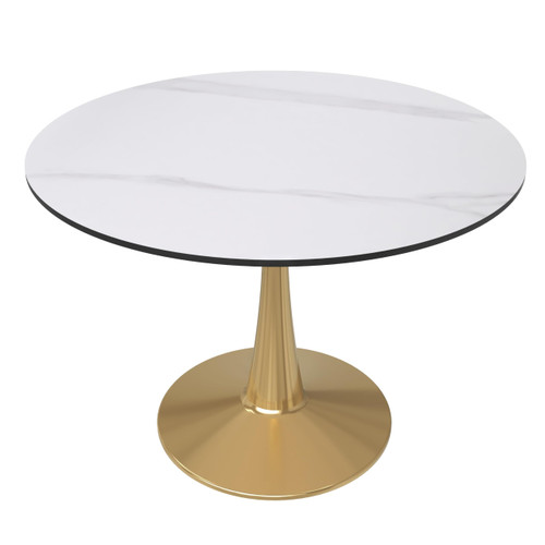 40" Round Dining Table in White Modern Sintered Stone Tabletop with Gold Pedestal Base, Mid-Century Accent Table for Kitchen, Café & Dining Room