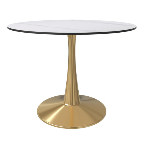 40" Round Dining Table in White Modern Sintered Stone Tabletop with Gold Pedestal Base, Mid-Century Accent Table for Kitchen, Café & Dining Room