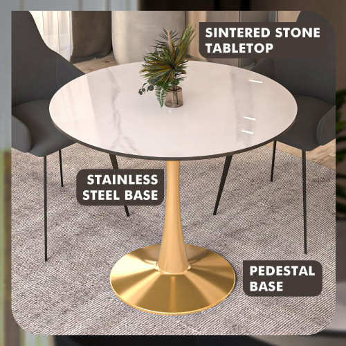 40" Round Dining Table in White Modern Sintered Stone Tabletop with Gold Pedestal Base, Mid-Century Accent Table for Kitchen, Café & Dining Room