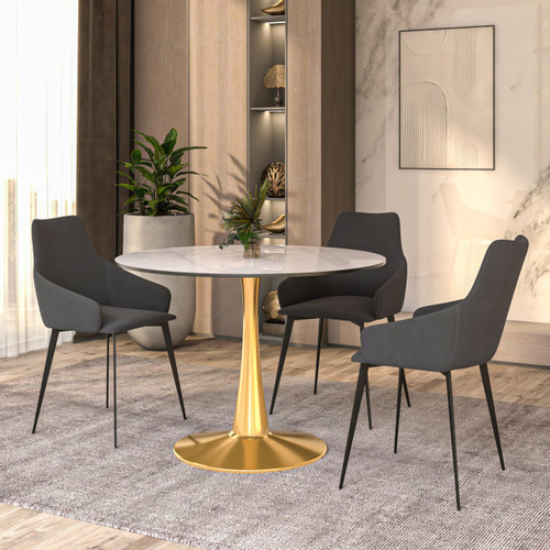 40" Round Dining Table in White Modern Sintered Stone Tabletop with Gold Pedestal Base, Mid-Century Accent Table for Kitchen, Café & Dining Room
