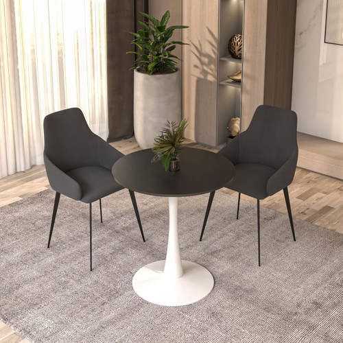 24" Wide Round Dining Table, Modern MDF Wood Top & White Metal Pedestal Base Gloss Finish Accent Table Mid-Century Café Table, Kitchen Dining Room Furniture, Black