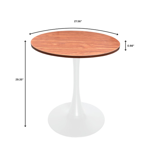 27" Wide Round Dining Table, Modern MDF Wood Top & White Metal Pedestal Base Gloss Finish Accent Table Mid-Century Café Table, Kitchen Dining Room Furniture, Cognac Brown
